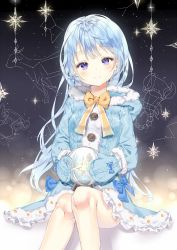 Rule 34 | 1girl, bad id, bad pixiv id, ball, blue bow, blue coat, blue hair, blue mittens, blush, bow, bowtie, closed mouth, coat, commentary request, constellation, fur-trimmed hood, fur-trimmed sleeves, fur trim, head tilt, hood, hood down, hooded coat, long hair, long sleeves, looking at viewer, mittens, original, purple eyes, qlakwnd, sitting, sky, smile, solo, star (sky), star (symbol), starry sky, very long hair, winter clothes, winter coat, yellow bow, yellow bowtie