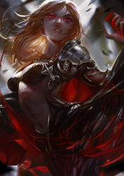 Rule 34 | 1girl, armor, bite mark, black bra, black hair, blood, blurry, blurry background, bra, breasts, cape, cleavage, cowboy shot, from side, highres, long hair, looking away, looking to the side, original, pauldrons, red cape, red eyes, shoulder armor, solo, standing, stomach tattoo, tattoo, underwear, yu-wei zhu