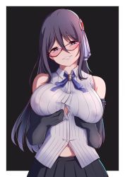 Rule 34 | 1girl, absurdres, artist request, assault lily, bare shoulders, black background, black gloves, black skirt, blue eyes, blush, border, breast lift, breasts, covered erect nipples, elbow gloves, glasses, gloves, grabbing, hair between eyes, hair ornament, head tilt, highres, large breasts, long hair, looking at viewer, mashima moyu, parted lips, pleated skirt, purple hair, red-framed eyewear, shirt, simple background, skirt, sleeveless, sleeveless shirt, smile, solo, sweat, tagme, teeth, upper body, white border, white shirt