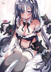 Rule 34 | 1girl, animal, arm belt, bare shoulders, black bra, black cat, black hair, black panties, black thighhighs, blue eyes, blush, borrowed character, bow, bowtie, bra, breasts, bridal garter, cat, cleavage, collarbone, cup, detached collar, embarrassed, frilled bra, frilled panties, frills, garter straps, hair ornament, hair over one eye, highres, large breasts, lingerie, long hair, looking at viewer, maid, maid headdress, midriff, mole, mole on breast, mug, navel, original, panties, saya (mychristian2), signature, sitting, solo, stomach, thighhighs, underwear, very long hair, wrist cuffs, x hair ornament