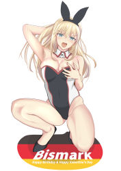 Rule 34 | 1girl, absurdres, animal ears, bismarck (kancolle), black footwear, blonde hair, blue eyes, breasts, character name, cleavage, commentary request, detached collar, fake animal ears, full body, german flag, grabbing own breast, green eyes, happy birthday, happy valentine, highres, houki (tonburi), kantai collection, leotard, looking at viewer, medium breasts, open mouth, playboy bunny, rabbit ears, rabbit tail, simple background, solo, squatting, strapless, strapless leotard, tail, teeth, two-tone leotard, upper teeth only, white background, wrist cuffs