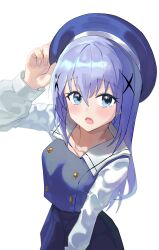 Rule 34 | 1girl, :o, absurdres, beret, blue eyes, blue hair, blue hat, blue skirt, blue vest, blush, breasts, commentary, cowboy shot, dinsoreprong64, gochuumon wa usagi desu ka?, hair between eyes, hair ornament, hand up, hat, highres, kafuu chino, long hair, long sleeves, looking at viewer, lower teeth only, open mouth, school uniform, shirt, sidelocks, simple background, skirt, small breasts, solo, standing, teeth, upturned eyes, vest, white background, white shirt, x hair ornament