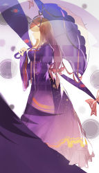 Rule 34 | 1girl, absurdres, backlighting, blonde hair, bow, breasts, corset, dress, expressionless, faceless, from side, gap (touhou), gradient background, hair bow, hair over shoulder, hair ribbon, highres, lao yang hua pu, light particles, long hair, long sleeves, purple dress, red eyes, ribbon, ribbon trim, sleeves past wrists, solo, touhou, umbrella, very long hair, wide sleeves, yakumo yukari