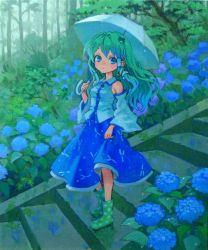 Rule 34 | 1girl, acrylic paint (medium), ama-tou, bare shoulders, blue eyes, boots, detached sleeves, female focus, flower, forest, green hair, highres, hydrangea, kochiya sanae, long hair, nature, outdoors, painting (medium), plant, polka dot, rain, rubber boots, solo, stairs, standing, touhou, traditional media, tree, umbrella, water drop