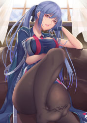 Rule 34 | 1girl, arm under breasts, ass, azur lane, black pantyhose, black ribbon, blue cloak, blue hair, braid, breasts, cloak, collarbone, couch, curtains, dress, elbow rest, essex (azur lane), feet, gloves, hair ribbon, head tilt, highres, indoors, jacket, knee up, large breasts, long hair, looking at viewer, necktie, no shoes, pantyhose, parted lips, pink lips, purple hair, red necktie, ribbon, shiro usagi, sidelocks, sitting, solo, taut clothes, twintails, window, yellow eyes