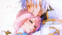 Rule 34 | 1boy, 1girl, alphen (tales), blue eyes, blush, braid, close-up, closed eyes, couple, crying, crying with eyes open, dress, gloves, gold trim, grey hair, highres, hug, jacket, nukegara102, parted lips, petals, pink hair, shionne (tales), smile, tales of (series), tales of arise, tears, white background, white dress, white jacket