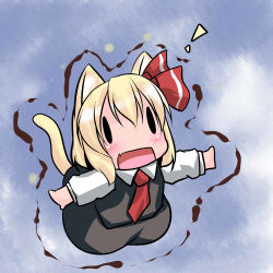 Rule 34 | !, 1girl, animal ears, blonde hair, cat ears, cat girl, cat tail, chibi, dress shirt, female focus, hair ribbon, hoshizuki (seigetsu), necktie, open mouth, outstretched arms, purumia, red necktie, ribbon, rumia, shirt, short hair, skirt, skirt set, solo, tail, touhou, trembling, | |