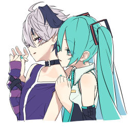 Rule 34 | 2girls, ahoge, aqua eyes, aqua hair, aqua nails, aqua necktie, arm warmers, bare shoulders, belt collar, black sleeves, collar, collarbone, commentary request, detached sleeves, flower (vocaloid), flower (vocaloid4), from side, grey shirt, hair ornament, hand on another&#039;s shoulder, hand up, hatsune miku, holding hands, interlocked fingers, long hair, looking at another, looking back, multicolored hair, multiple girls, nail polish, necktie, parted lips, purple hair, purple shirt, rsk (tbhono), shirt, short hair, sleeveless, sleeveless shirt, streaked hair, striped arm warmers, twintails, upper body, very long hair, vocaloid