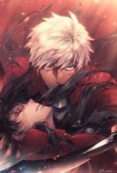 Rule 34 | 1boy, 1girl, archer (fate), black hair, blood, blouse, breasts, closed eyes, coat, covered mouth, dark-skinned male, dark skin, fate/stay night, fate (series), floating hair, h sueun, hair between eyes, highres, holding, holding another&#039;s head, holding weapon, injury, kanshou &amp; bakuya (fate), light particles, long hair, manly, parted lips, red shirt, ribbon, serious, shirt, sidelocks, sweater, sword, tohsaka rin, twitter username, two side up, weapon, white hair