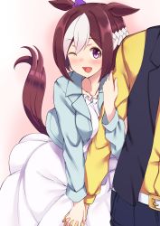 Rule 34 | 1boy, 1girl, ;d, a9b (louis814), absurdres, animal ears, arm grab, black vest, blue jacket, blush, bow, brown hair, casual, dress, ear bow, hachimaki, hand on another&#039;s hand, headband, hetero, highres, horse ears, horse girl, horse tail, jacket, long sleeves, looking at viewer, medium dress, multicolored hair, one eye closed, open mouth, purple bow, purple eyes, shirt, short hair, smile, solo, special week (umamusume), streaked hair, tail, trainer (umamusume), two-tone hair, umamusume, vest, white dress, white headband, yellow shirt