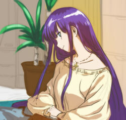 Rule 34 | 1girl, aoba (smartbeat), blue eyes, breasts, closed mouth, collarbone, cross, cross necklace, fate/grand order, fate (series), jewelry, long hair, long sleeves, looking at viewer, martha (fate), medium breasts, necklace, plant, potted plant, purple hair, shirt, sidelocks, smile, solo, white shirt