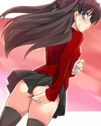Rule 34 | 1girl, ass, bad id, bad pixiv id, black hair, black thighhighs, blue eyes, blush, eeeeee, fate/stay night, fate (series), female focus, from behind, hair between eyes, hand on own ass, holding, holding clothes, holding panties, holding underwear, jpeg artifacts, long sleeves, looking back, miniskirt, no panties, panties, unworn panties, skirt, solo, sweatdrop, thighhighs, tohsaka rin, twintails, two side up, underwear, white panties