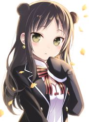 Rule 34 | 10s, 1girl, bell, bell earrings, black hair, black jacket, blazer, bow, bowtie, breasts, cleavage, double bun, earrings, hair bun, hand to own mouth, hands in opposite sleeves, highres, jacket, jewelry, jingle bell, kishuku gakkou no juliet, leaf, long hair, long sleeves, looking at viewer, motion blur, natsupa, neck ribbon, open clothes, open jacket, parted lips, red ribbon, ribbon, school uniform, shirt, solo, striped bow, striped bowtie, striped clothes, striped ribbon, surprised, upper body, wang teria, white background, white shirt