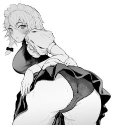 Rule 34 | 1girl, absurdres, ass, ass focus, blush, braid, dress, from behind, greyscale, highres, izayoi sakuya, looking at viewer, looking back, mayonaka taruho, monochrome, panties, pantyshot, puffy sleeves, short dress, short hair, silver hair, simple background, solo, touhou, twin braids, underwear, white background, wrist cuffs
