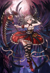 Rule 34 | 10s, 1girl, absurdres, blush, boots, breasts, building, cleavage, closed mouth, colored sclera, crown, curly hair, detached sleeves, feathers, full body, full moon, gloves, granblue fantasy, grey hair, head tilt, highres, hmax, holding, horns, idolmaster, idolmaster cinderella girls, kanzaki ranko, looking at viewer, medium breasts, mini crown, moon, night, outdoors, outstretched arm, puffy short sleeves, puffy sleeves, red eyes, red footwear, red skirt, scythe, shirt, short sleeves, single glove, skirt, sleeveless, sleeveless shirt, smile, solo, striped clothes, striped thighhighs, teeth, thighhighs, white gloves, yellow sclera