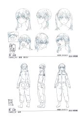 Rule 34 | 1girl, ass, boots, breasts, character sheet, dated, en&#039;en no shouboutai, hair between eyes, highres, long hair, monochrome, morioka hideyuki, multiple views, navel, official art, open mouth, signature, simple background, sweat, tamaki kotatsu, tears, translation request, twintails, uniform, white background