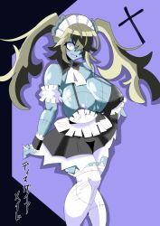 Rule 34 | 1girl, bare shoulders, blonde hair, blue skin, breasts, cleavage, colored skin, detached collar, disgaea, fang, highres, maid, maid (disgaea), open mouth, pointy ears, smile, solo, thighhighs, twintails