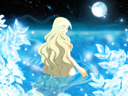 Rule 34 | 1girl, antenna hair, arm at side, artist request, back, barefoot, blonde hair, blue eyes, clenched hands, completely nude, eyelashes, fairy tail, feet, female focus, flat chest, from behind, hair between eyes, hair ornament, highres, holding own arm, lake, legs, long hair, mavis vermilion, moon, moonlight, nature, neck, night, night sky, nude, outdoors, pale skin, partially submerged, petals, profile, shiny skin, sidelocks, skinny dipping, sky, source request, thighs, toenails, toes, unworn clothes, very long hair, water, wavy hair, wet