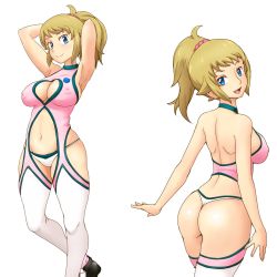 Rule 34 | 1girl, adapted costume, armpits, arms up, ass, back, blouse, blue eyes, breasts, brown hair, butt crack, cleavage, cleavage cutout, clothing cutout, gundam, gundam build fighters, gundam build fighters try, halterneck, heart cutout, highres, hoshino fumina, large breasts, looking at viewer, multiple views, navel, open mouth, pink shirt, ponytail, shirt, simple background, skindentation, smile, standing, standing on one leg, stomach, thighhighs, thighs, tof, white background, white thighhighs
