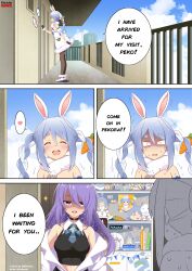 Rule 34 | 2girls, absurdres, blue hair, breasts, closed eyes, door, english text, evil smile, flat chest, highres, hololive, hololive indonesia, long hair, lsketchu, medium breasts, moona hoshinova, multiple girls, purple hair, room, scared, smile, speech bubble, sweat, twintails, usada pekora, virtual youtuber
