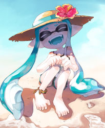 Rule 34 | 1girl, :d, ^ ^, ankleband, bare arms, bare shoulders, barefoot, beach, black shorts, blue hair, blue tongue, closed eyes, collarbone, colored tongue, fangs, flower, hat, hat flower, hibiscus, highres, inari1369, inkling, inkling girl, inkling player character, long hair, nintendo, open mouth, pointy ears, sand, seashell, shell, shorts, sitting, smile, solo, splatoon (series), straw hat, suction cups, tank top, teeth, tentacle hair, water, white tank top, yellow hat