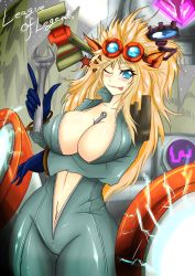 Rule 34 | 1girl, animal ears, blonde hair, blue eyes, blush, breasts, cleavage, gender request, genderswap, goggles, heimerdinger, highres, huge breasts, league of legends, long hair, navel, solo, tagme, tongue, tongue out, torahimemax, wrench