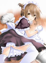 10s 1girl alternate_costume apron bad_id bad_pixiv_id blush brown_hair bucket enmaided female_focus folded_ponytail gloves hair_ornament hairclip highres inazuma_(kancolle) kantai_collection looking_at_viewer maid maid_apron maid_headdress mop natsupa open_mouth panties pantyshot petticoat short_hair solo spill tears thighhighs underwear water white_gloves white_panties white_thighhighs