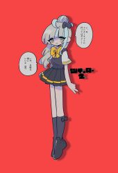 Rule 34 | 1girl, ahoge, bigizumi, black bow, black footwear, black skirt, black socks, blue hair, blunt bangs, blush, bow, closed mouth, collared shirt, commentary request, full body, grey hair, grey vest, hair bow, hair bun, highres, loafers, long hair, looking at viewer, multicolored hair, nyalra (author), original, pleated skirt, red background, school uniform, second-party source, shirt, shoes, short sleeves, single hair bun, skirt, smile, socks, solo, speech bubble, translation request, vest, white shirt, yellow bow, yellow eyes