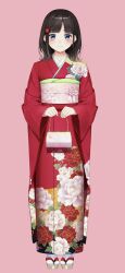 Rule 34 | bag, black hair, blush, closed mouth, floral print, flower, full body, grey eyes, hair flower, hair ornament, highres, holding, holding bag, japanese clothes, kimono, long hair, long sleeves, nezumidoshi, nijisanji, obi, obijime, official art, pink background, pink sash, print kimono, red flower, red kimono, sash, second-party source, simple background, smile, socks, suzuka utako, suzuka utako (6th costume), tabi, tachi-e, virtual youtuber