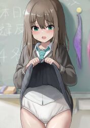 1girl :o black_cardigan black_skirt blush brown_hair cardigan chalkboard clothes_lift commission diagonal-striped_clothes diagonal-striped_necktie green_eyes green_necktie highres idolmaster idolmaster_cinderella_girls indoors lifting_own_clothes long_hair looking_at_viewer median_furrow necktie panties shibuya_rin shirt skeb_commission skirt skirt_lift solo straight_hair striped_clothes susu_(ysy) sweatdrop thigh_gap underwear unworn_panties white_panties white_shirt