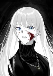 Rule 34 | 1girl, angelica (project moon), black jacket, black sweater, blood, blood on face, blue eyes, colored skin, highres, jacket, jewelry, library of ruina, long hair, necklace, orururuu, parted lips, project moon, ribbed sweater, ring, ring necklace, silver trim, solo, sweater, turtleneck, turtleneck sweater, upper body, very long hair, white background, white hair, white skin