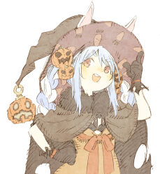 1girl abara_heiki alternate_costume animal_ear_fluff animal_ears blue_hair braid carrot halloween_costume hat hololive open_mouth pumpkin simple_background solo usada_pekora virtual_youtuber white_background witch_hat