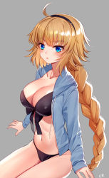 Rule 34 | 1girl, ahoge, baocaizi, bikini, black bikini, black hairband, blonde hair, blue eyes, blue jacket, blush, braid, breasts, cleavage, collarbone, commentary request, drawstring, fate/grand order, fate (series), front-tie bikini top, front-tie top, grey background, hairband, highres, hood, hood down, hooded jacket, jacket, jeanne d&#039;arc (fate), jeanne d&#039;arc (ruler) (fate), jeanne d&#039;arc (swimsuit archer) (fate), jeanne d&#039;arc (swimsuit archer) (first ascension) (fate), large breasts, long hair, long sleeves, looking at viewer, navel, open clothes, open jacket, parted lips, signature, simple background, single braid, sitting, sleeves past wrists, solo, swimsuit, very long hair