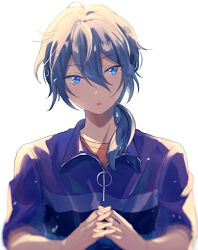Rule 34 | 1boy, :o, blue eyes, commentary request, ensemble stars!, grey hair, hair between eyes, hair over shoulder, long hair, male focus, mma runn, open mouth, partial commentary, ponytail, shiina niki, solo, upper body, white background, zipper, zipper pull tab