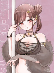 Rule 34 | 1girl, arm strap, bracelet, breasts, bridal gauntlets, brown hair, choker, cleavage, commentary request, earrings, flip (diiolive), gloves, hair bun, hair ornament, hairclip, idolmaster, idolmaster shiny colors, jewelry, large breasts, looking at viewer, navel, off shoulder, pole, red eyes, side bun, single glove, single hair bun, single side bun, solo, sonoda chiyoko, stripper pole, translation request, upper body