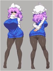 Rule 34 | 1girl, alternate costume, arms behind back, ass, blue eyes, breasts, brown pantyhose, character sheet, full body, grey background, hat, huge breasts, large breasts, letty whiterock, long hair, lowres, multiple views, namako daibakuhatsu, no pants, no shoes, pantyhose, pixel art, purple hair, ribbed sweater, scarf, simple background, smile, standing, sweater, touhou, triangular headpiece