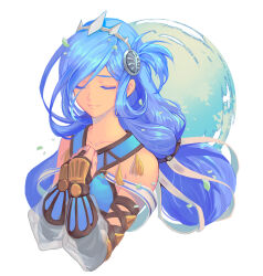 Rule 34 | 1girl, bare shoulders, blue hair, closed eyes, colored eyelashes, dana (ys), detached sleeves, hair ornament, hair ribbon, hair rings, hairband, hands on own chest, korean commentary, long hair, ribbon, saeldam, see-through, see-through sleeves, simple background, smile, solo, upper body, white ribbon, ys, ys viii lacrimosa of dana