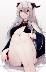 Rule 34 | 1girl, absurdres, aegir (azur lane), azur lane, bare legs, black dress, black panties, blush, breasts, brown eyes, cleavage, clothing cutout, commentary, dated commentary, demon horns, dress, earrings, eyes visible through hair, feet out of frame, female focus, hair between eyes, highres, horns, jewelry, legs together, long hair, long sleeves, open mouth, panties, samip, shoulder cutout, sidelocks, silver hair, simple background, sitting, solo, underwear, very long hair, white background, wide sleeves