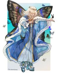 Rule 34 | 1boy, absurdres, arthropod boy, blue cloak, blue dress, bug, butterfly, butterfly wings, cloak, closed eyes, crown, diamond hairband, dress, fate/grand order, fate (series), full body, fur-trimmed cloak, fur trim, highres, insect, insect wings, long sleeves, maidhao, male focus, medium hair, oberon (fate), signature, simple background, smile, solo, white hair, wings