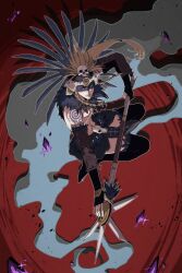 Rule 34 | 1boy, aztec, black lips, black nails, blonde hair, braid, facepaint, fate/grand order, fate (series), fighting stance, gold necklace, hair ornament, half-closed eyes, headdress, highres, holding, holding polearm, holding weapon, jewelry, long hair, looking at another, looking at viewer, lv1na ura, male focus, necklace, polearm, shoulder tattoo, skinny, skull, skull hair ornament, solo, tattoo, tezcatlipoca (fate), tezcatlipoca (third ascension) (fate), twin braids, weapon