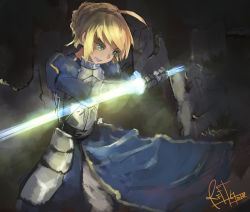Rule 34 | 1girl, ahoge, armor, armored dress, artoria pendragon (fate), blonde hair, dress, fate/stay night, fate (series), gauntlets, green eyes, riftgarret, saber (fate), solo, sword, weapon