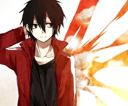 Rule 34 | 1boy, :|, averting eyes, black eyes, black hair, casual, closed mouth, collarbone, commentary, double-parted bangs, empty eyes, hair between eyes, hand on own head, jacket, kagerou project, kisaragi shintarou, long bangs, long sleeves, looking to the side, male focus, multicolored background, open clothes, open jacket, orange background, popped collar, red jacket, shigunohito, shirt, short hair, single stripe, solo, striped, t-shirt, track jacket, unhappy, upper body, white background, white stripes, yellow background