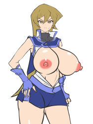 Rule 34 | 1girl, alternate breast size, bare legs, blonde hair, breasts, breasts out, censored, dd (giogio99), fingerless gloves, gloves, highres, huge breasts, long hair, looking at viewer, miniskirt, nipples, no bra, obelisk blue uniform, shiny skin, simple background, skirt, sweat, tenjouin asuka, wide hips, yu-gi-oh!, yu-gi-oh! gx