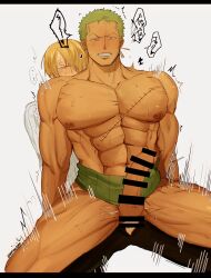 Rule 34 | 2boys, abs, absurdres, alternate pectoral size, anal, arms at sides, bar censor, bara, blonde hair, blush, censored, clothed male nude male, clothed sex, curly eyebrows, dark-skinned male, dark skin, drooling, earrings, erection, feet out of frame, green hair, hd189733b, heart, highres, jewelry, large pectorals, long sideburns, male focus, male penetrated, multiple boys, muscular, muscular male, navel, nipples, nude, one piece, open fly, pectorals, precum, reverse cowgirl position, roronoa zoro, sanji (one piece), scar, scar on chest, sex, sex from behind, short hair, sideburns, single earring, sound effects, speed lines, stomach, straddling, sweat, thick thighs, thighs, torogao, translation request, trembling, yaoi