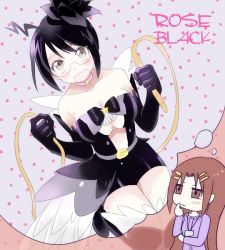 Rule 34 | 1girl, ahoge, bad id, bad pixiv id, black hair, boots, breasts, brown eyes, brown hair, chibi, chihaya megumi, cleavage, cosplay, gurung, hair ornament, hairclip, imagining, long hair, magical flowers, magical girl, rose black, rose black (cosplay), servant x service, short hair, solo, thought bubble, whip, yamagami lucy