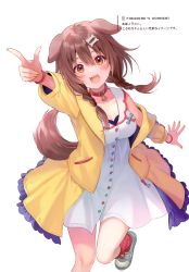 1girl, :3, :d, absurdres, animal ears, arm up, bangs, blue footwear, blush, bone hair ornament, braid, breasts, brown hair, brown tail, cleavage, collarbone, collared shirt, dog ears, dog girl, dog tail, dress, eyebrows visible through hair, fangs, frilled jacket, fukahire (ruinon), hair ornament, highres, hololive, inugami korone, jacket, kneehighs, leg up, long hair, long sleeves, looking at viewer, medium breasts, nail polish, off shoulder, open clothes, open jacket, open mouth, orange eyes, outstretched arms, red legwear, shirt, shoes, simple background, smile, sneakers, solo, standing, standing on one leg, tail, twin braids, upper teeth, virtual youtuber, white background, white dress, wristband, yellow jacket, yellow nails
