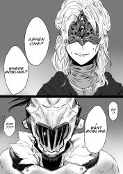 Rule 34 | 1boy, 1girl, 2koma, armor, comic, commentary, confused, covered eyes, crossover, dark souls (series), dark souls i, dark souls iii, english text, fire keeper, gecho, goblin slayer, goblin slayer!, greyscale, highres, jewelry, long hair, looking at viewer, mask, monochrome, mouth mask, necklace