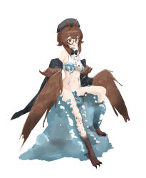 Rule 34 | 1girl, absurdres, beret, bird legs, blush, bottomless, brown eyes, brown feathers, brown hair, brown wings, clover theater, crop top, detached sleeves, eyewear strap, feathered wings, feathers, glasses, harpy, hat, highres, jacket, monster girl, navel, norris (clover theater), open mouth, pussy juice, semi-rimless eyewear, shirt, simple background, sitting, sleeveless, sleeveless shirt, slime (creature), slime sex, solo, talons, user gayc3272, vaginal, white background, white shirt, winged arms, wings