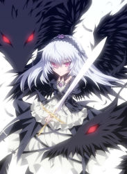 Rule 34 | 1girl, bird wings, black wings, detached collar, dress, feathers, flower, frilled sleeves, frills, gothic lolita, lolita fashion, long hair, looking at viewer, pink eyes, rie (minori), rose, rozen maiden, silver hair, solo, suigintou, sword, tsurime, weapon, wings