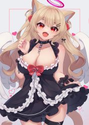 Rule 34 | 1girl, :d, absurdres, angel, angel wings, animal ears, belt, black belt, black dress, braid, breasts, brown hair, cat ears, cat tail, cleavage, dress, ear piercing, fang, frilled dress, frills, hair ornament, hairclip, halo, heart, highres, hinata (user rjkt4745), large breasts, leg belt, long hair, looking at viewer, open mouth, original, piercing, pink halo, red eyes, single braid, skin fang, smile, tail, thighs, white wings, wings, wrist cuffs